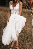 Fablous A-line V Neck White Lace Wedding Dress Open Back Bridal Gown,WW120