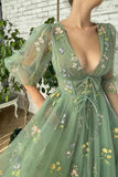 Elegant V Neck Green Tea Length Prom Dresses,WP372
