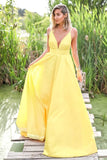 Glamorous V Neck Straps Yellow Satin Prom Dress,Backless Evening Dress WP106