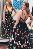 Unique Deep V Neck Floral Print Prom Dress Black Formal Dress,WP320