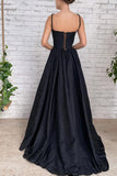 Black A Line Taffeta Long Prom Dress With Slit,WP308