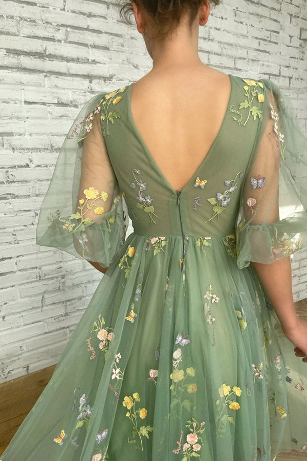 Elegant V Neck Green Tea Length Prom Dresses,WP372