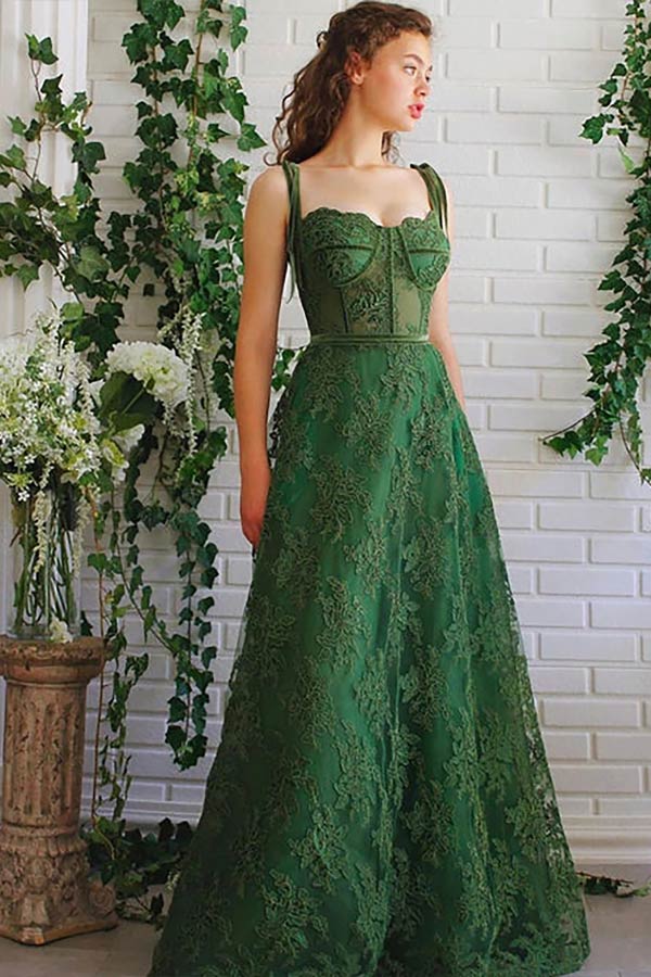 A Line Sweetheart Dark Green Lace Long Prom Dress With Pocket,WP321 winkbridal