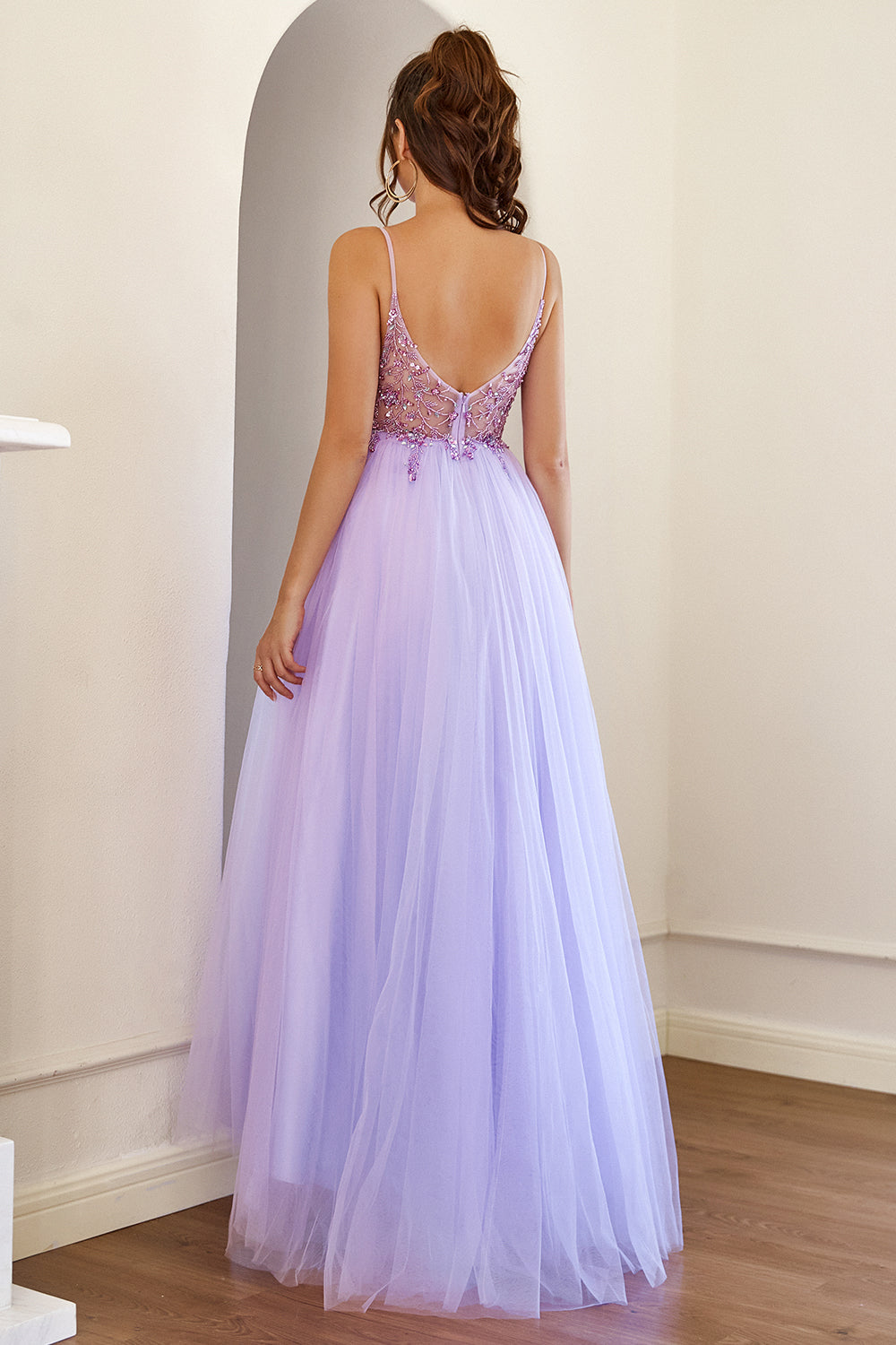 A-Line Lilac Tulle Long Prom Dress With Beading,WP421