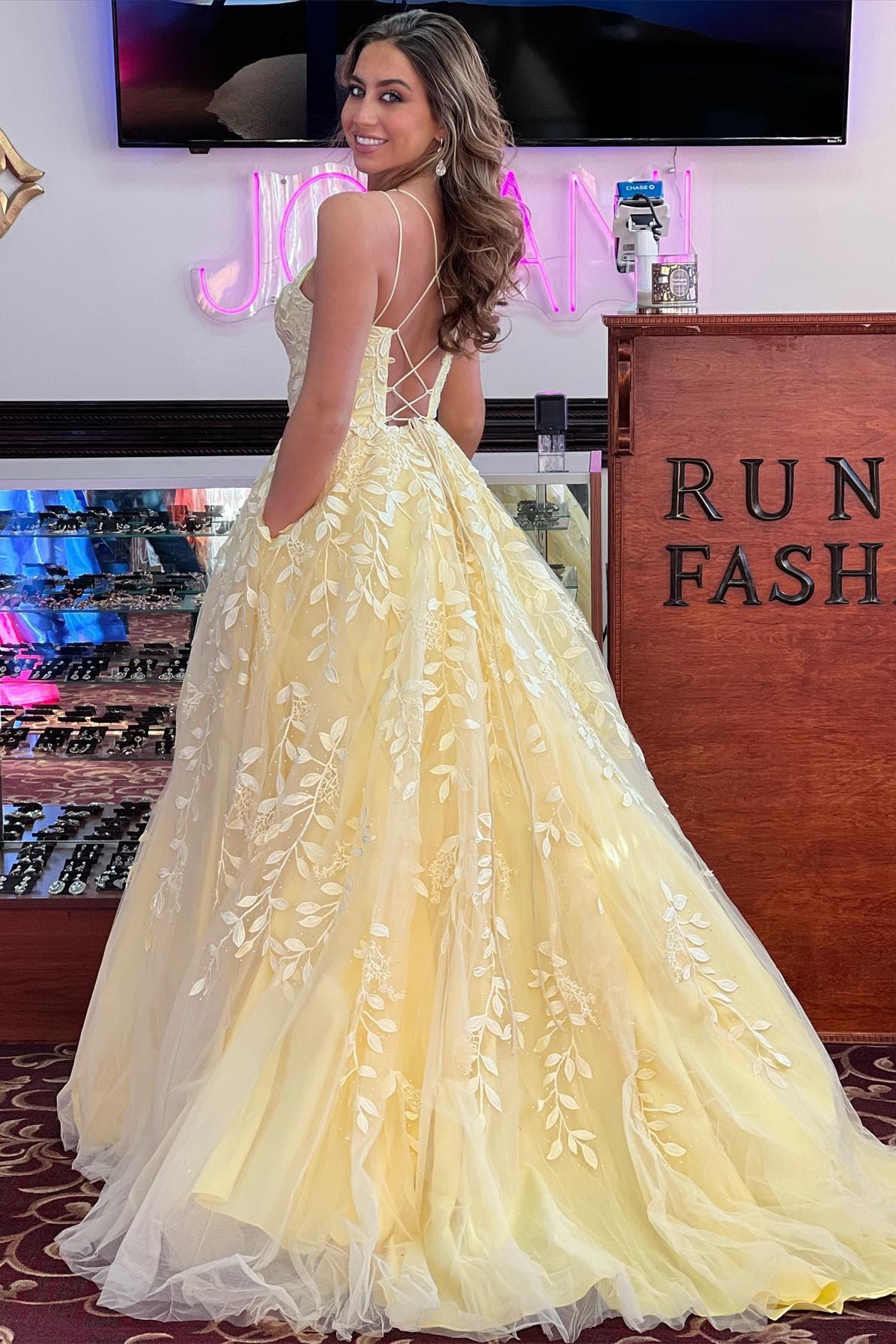 A-Line Scoop Neckline Yellow Tulle Long Prom Dress Formal Dress,WP419
