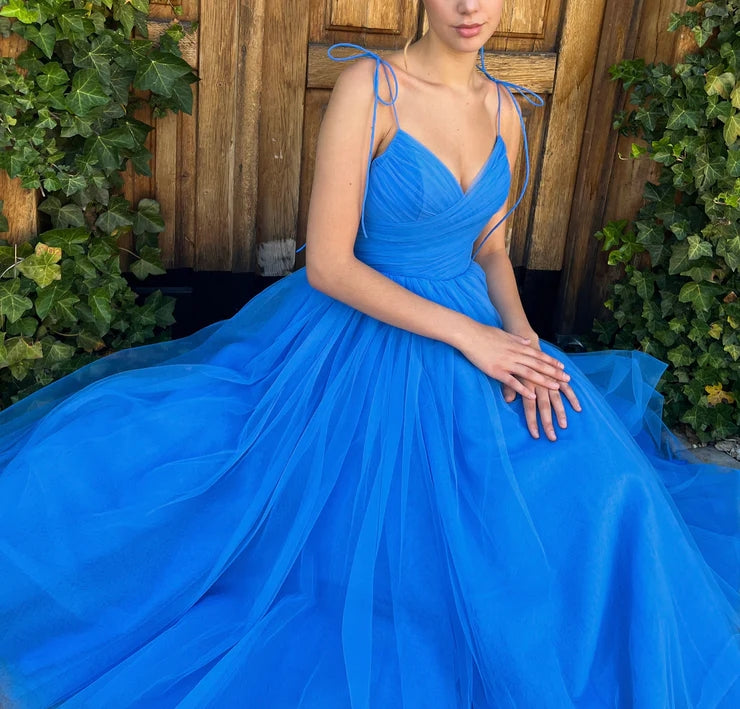A-Line Spaghetti Straps Tea Length Prom Dress Blue Homecoming Dress WD267
