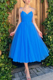 8A-Line Spaghetti Straps Tea Length Prom Dress Blue Homecoming Dress WD267