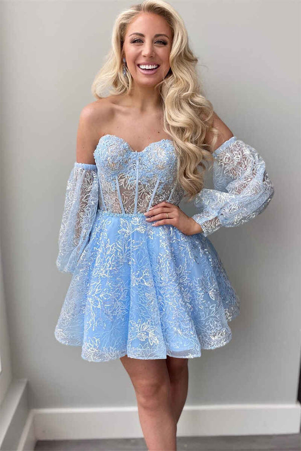A-Line Sweetheart Sky Blue Short Homecoming Dress With Detachable Sleeve WD254