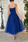 Spaghetti Straps Sweetheart Tea Length Blue Prom Dresses With Sequins,WP355