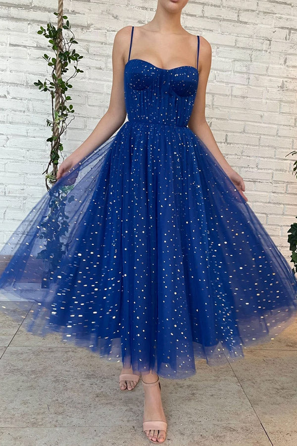 Spaghetti Straps Sweetheart Tea Length Blue Prom Dresses With Sequins,WP355