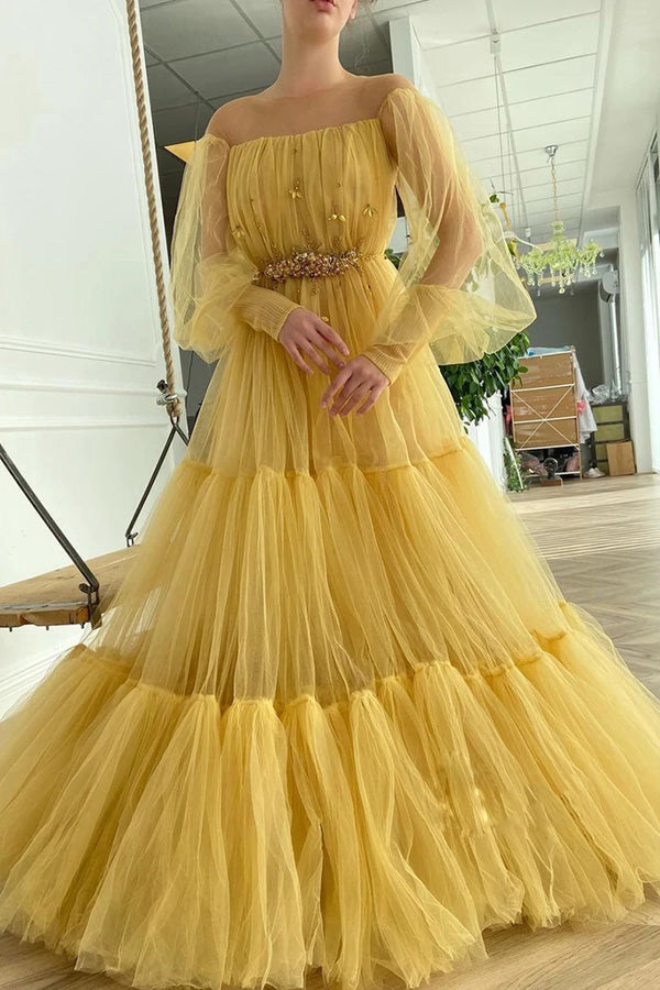 A-Line Puffy Long Sleeves Tulle Beaded Prom Dresses Pleat Evening Dress WP364