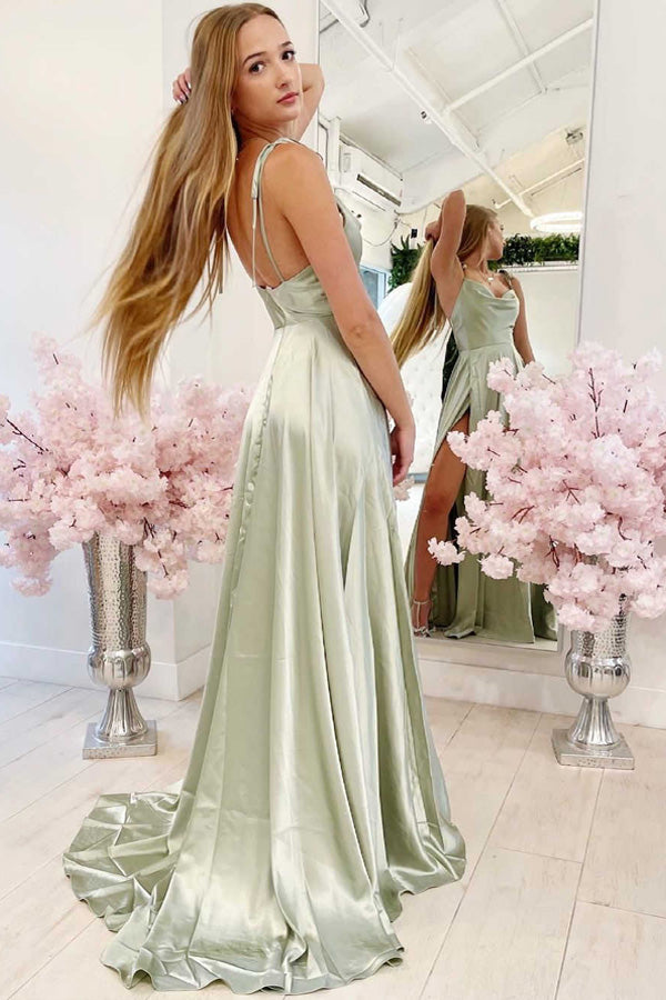 A-line Sage Green Satin Straps Prom Dress Simple Party Dress WP432