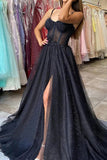A-line Sweetheart Black Tulle Long Prom Dress With Slit,WP388