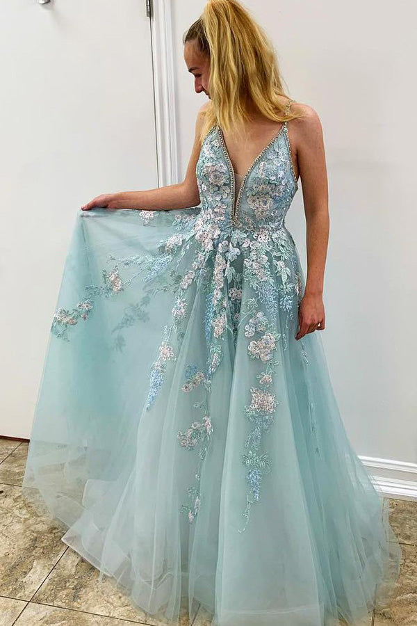 A-line V Neck Tulle Prom Dress With Floral Embroidery,WP129