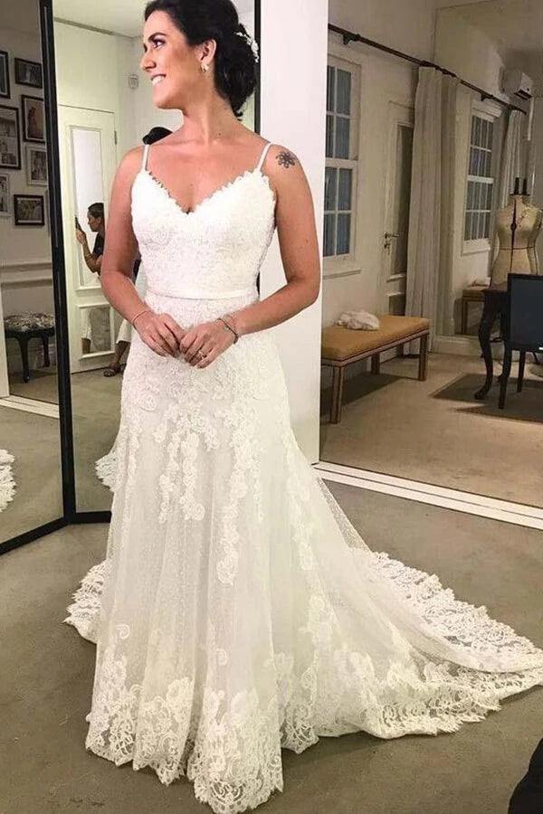 A Line Backless Polka Dot Lace Wedding Dress,WW222
