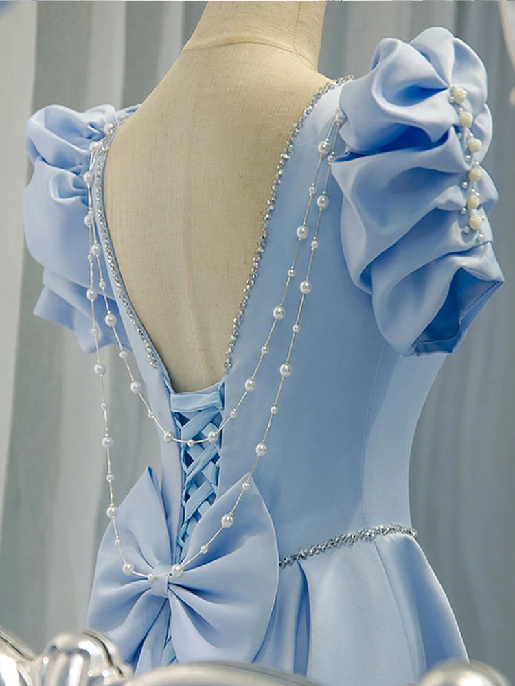 A Line Blue Satin Long Prom Dress Beaded Evening Dress,WP228