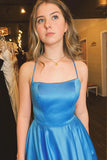 A Line Blue Satin Straps Formal Prom Dress,WQ111