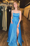 A Line Blue Satin Straps Formal Prom Dress,WQ111