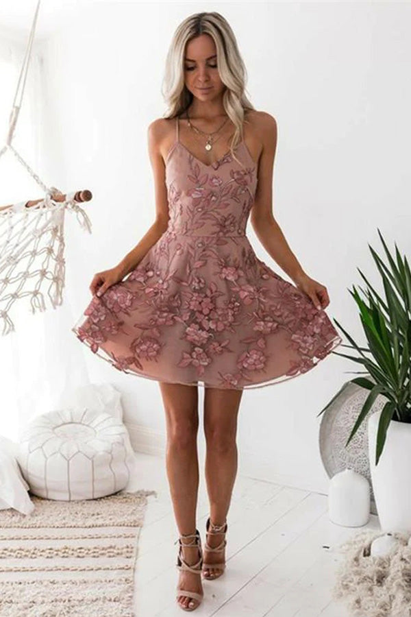 A Line Blush Homecoming Dress With Appliques,WD137