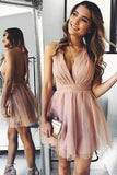 A Line Deep V Neck Pink Tulle Short Homecoming Dress WD249