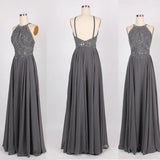 A Line Grey Chiffon Halter Long Prom Dress With Beading,WP034