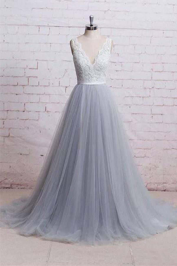 A-line Gray Tulle Lace Wedding Dress Long Formal Dress,WW057