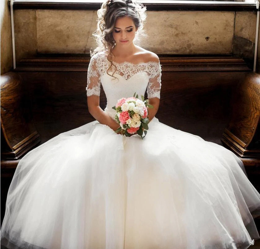 A Line Half Sleeves Lace Wedding Dresses Princess Wedding Dress WW304 winkbridal 