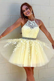 A Line Halter Lace Appliques Short Homecoming Dress With Beading,WD032