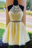 A Line Halter Lace Appliques Short Homecoming Dress With Beading,WD032