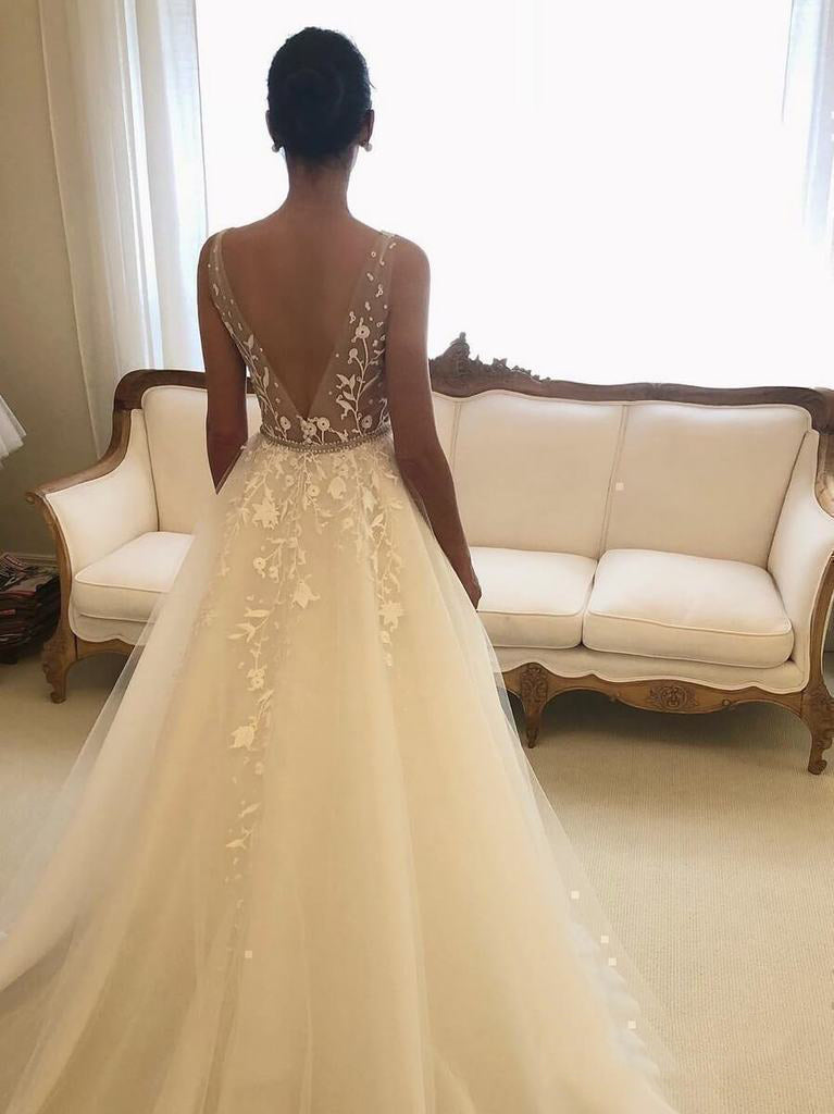 A Line V Neck Tulle Wedding Dress Rustic Bridal Dress ,WW135