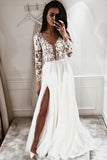 A Line Long Sleeve Lace Wedding Dress With Side Slit,WW016winkbridal