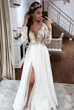 A Line Long Sleeve Lace Wedding Dress With Side Slit,WW016