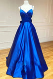 A Line Royal Blue Satin Spaghetti Straps Prom Dress With Bowknot,WP337 winkbridal
