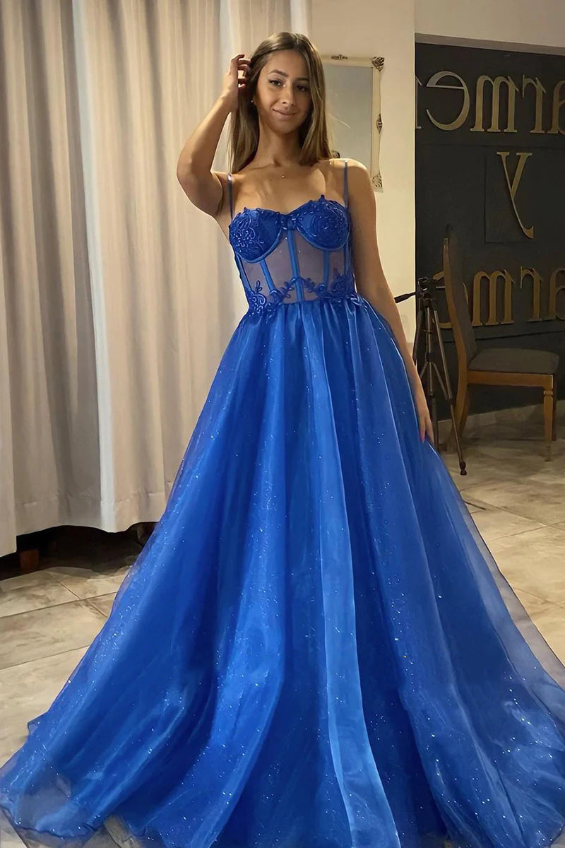 A Line Shiny Royal Blue Tulle Formal Prom Dress,WQ115