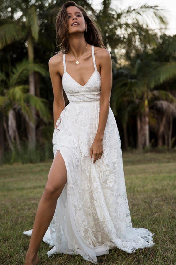 A Line Spaghetti Straps Beach Wedding Dress,Lace Bridal Gown,WW014