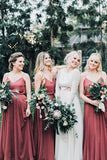 A Line Spaghetti Straps Rose Chiffon Long Bridesmaid Dress WB026