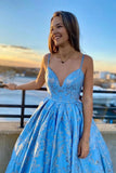 A Line Spaghetti Straps Satin Blue Prom Dress With Appliques,WP331