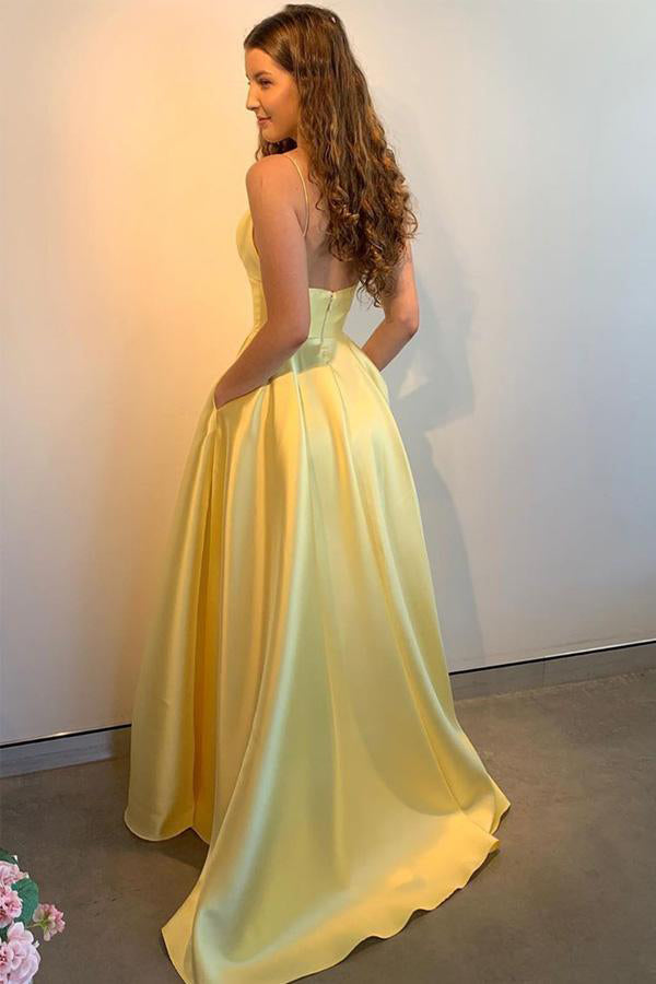 A Line Spaghetti Straps Satin Prom Dress Long Party Dress With Pocket,WP042