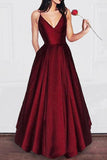 A Line Spaghetti Straps Satin Prom Dress Long Party Dress With Pocket,WP042