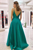 A Line Teal Satin Long Prom Dress With Pocket,WP336