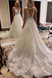 A Line Sparkly Lace  V-neck Wedding Dress with Appliques,WW019