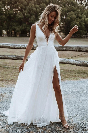 A Line V-neck Lace Beach Wedding Dress,Side Split Bridal Gown,WW028

        
           - As Picture