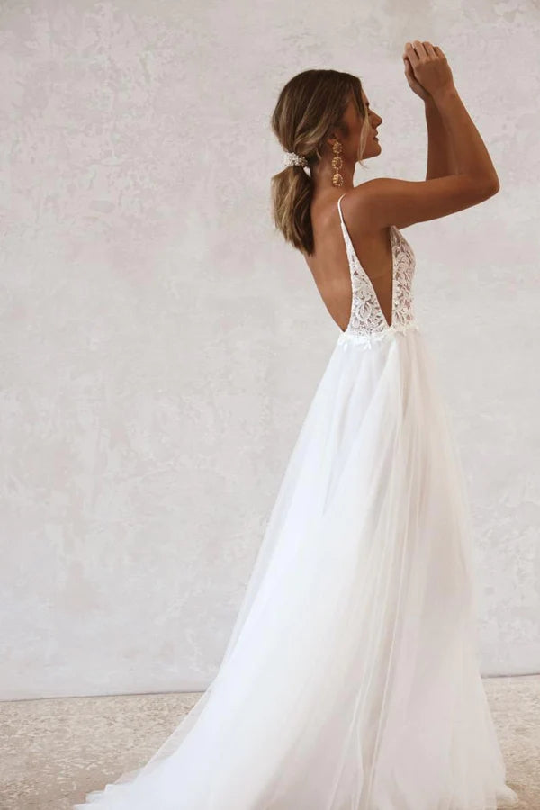 A Line V-neck White Tulle Wedding Dresses,WW316