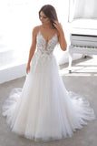 A Line Tulle Backless Lace Appliques Wedding Dress,WW010