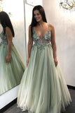 A Line V Neck Green Tulle Long Prom Dresses With Beading,WP396