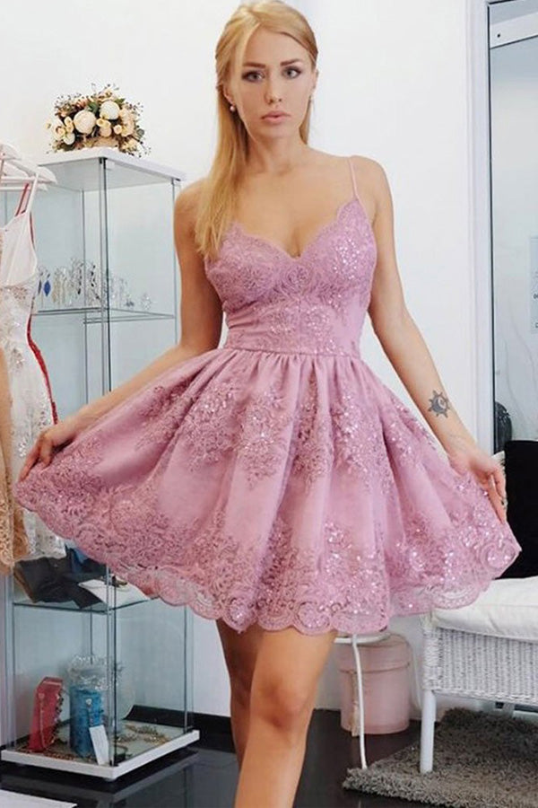 A Line Pink Tulle Lace Short Prom Dress Short Homecoming Dress,WD001