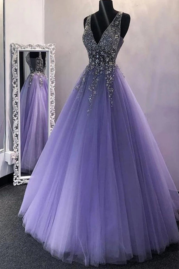 A Line V Neck Violet Tulle Beading Long Prom Dress,WP011