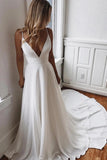 A Line V Neck White Chiffon Lace Back Wedding Dress,WW002