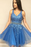 A line Blue Tulle Short Homecoming Dress With Rhinestone,WD107