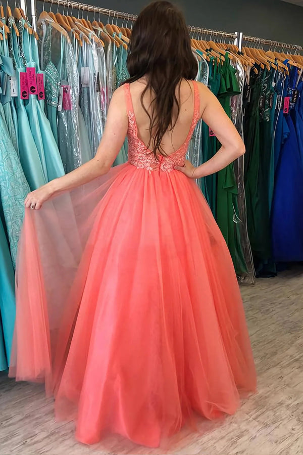 A line Rustic Watermelon Tulle Prom Dress With Lace,WP223 winkbridal